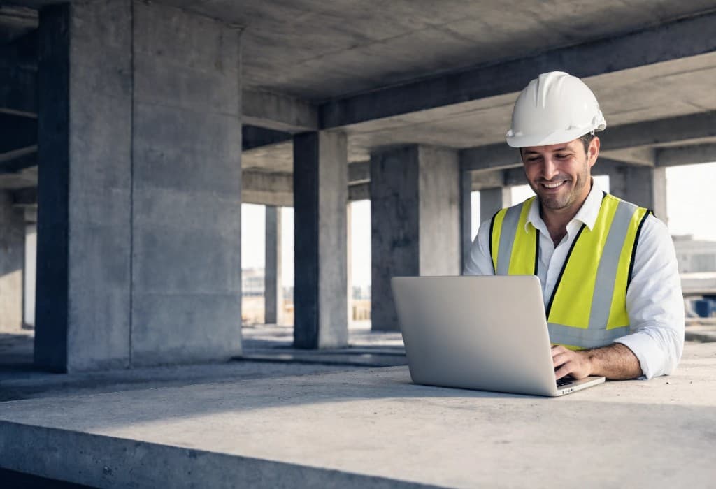 Construction professional working on site with a laptop