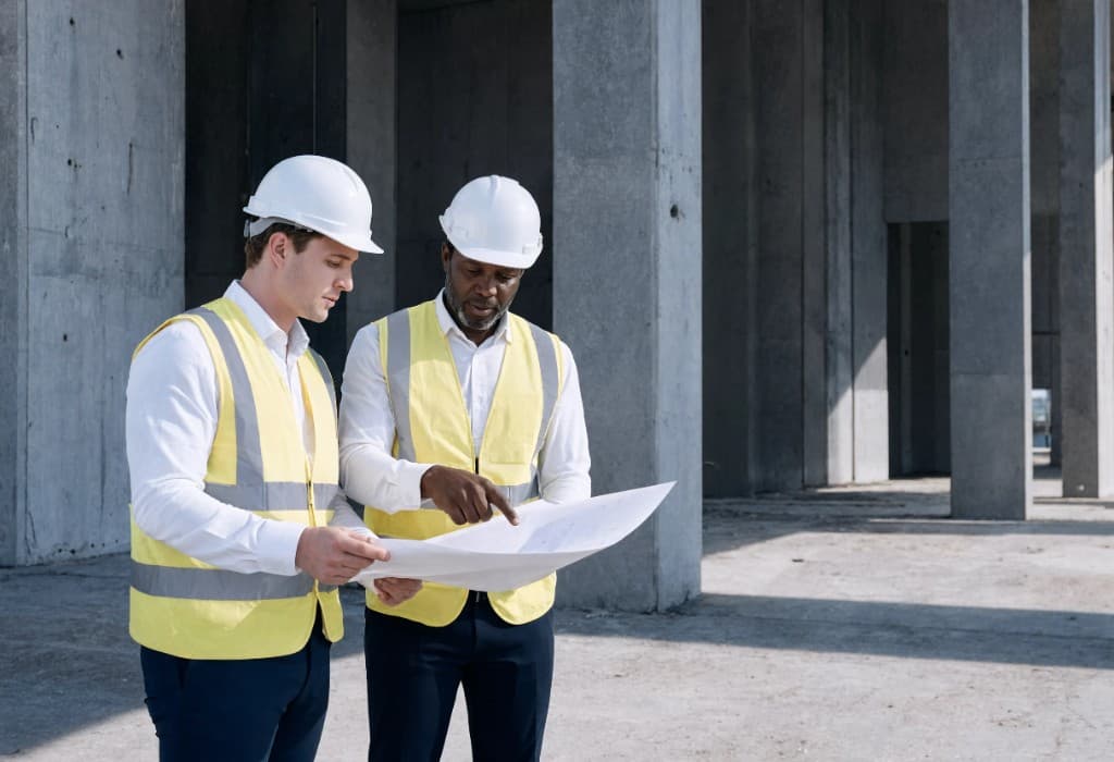 Project manager and superintendent reviewing blueprints on a construction site