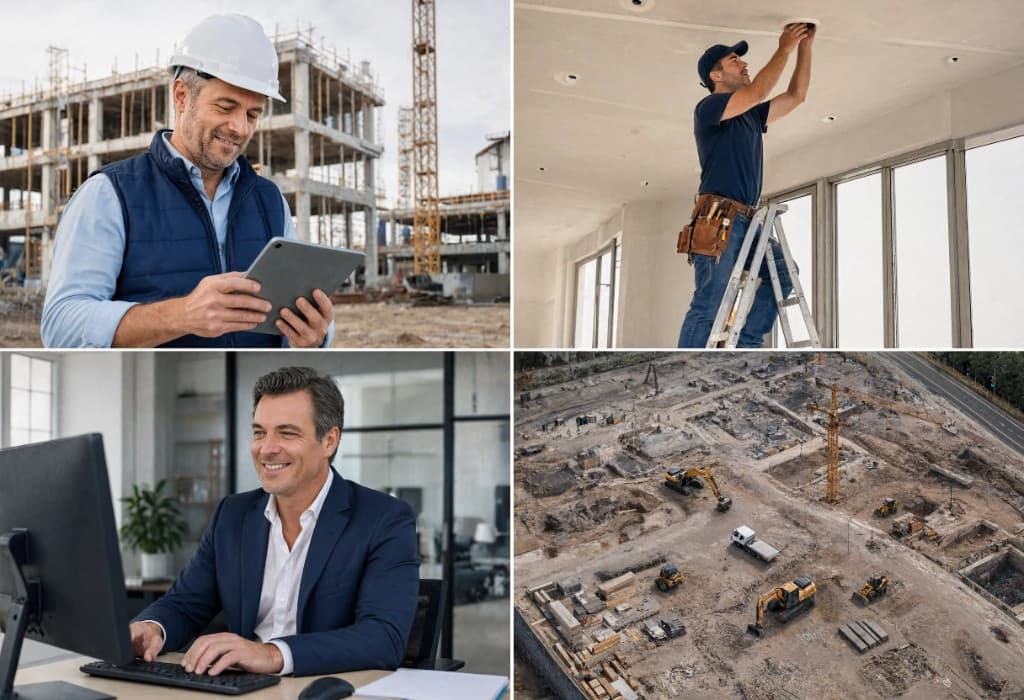 Construction teams in the field and office — supervisors, trades, project managers, and active job sites