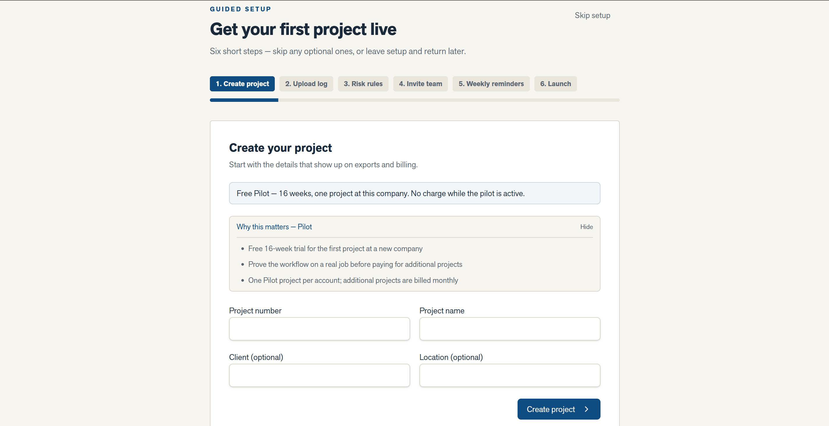 Create your project step in STORK guided setup
