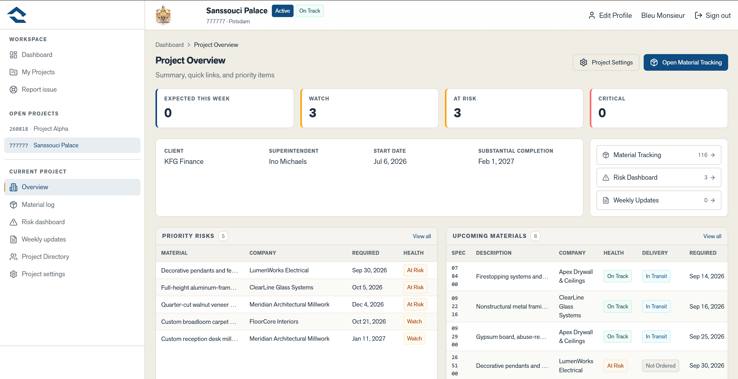 Project overview dashboard in STORK