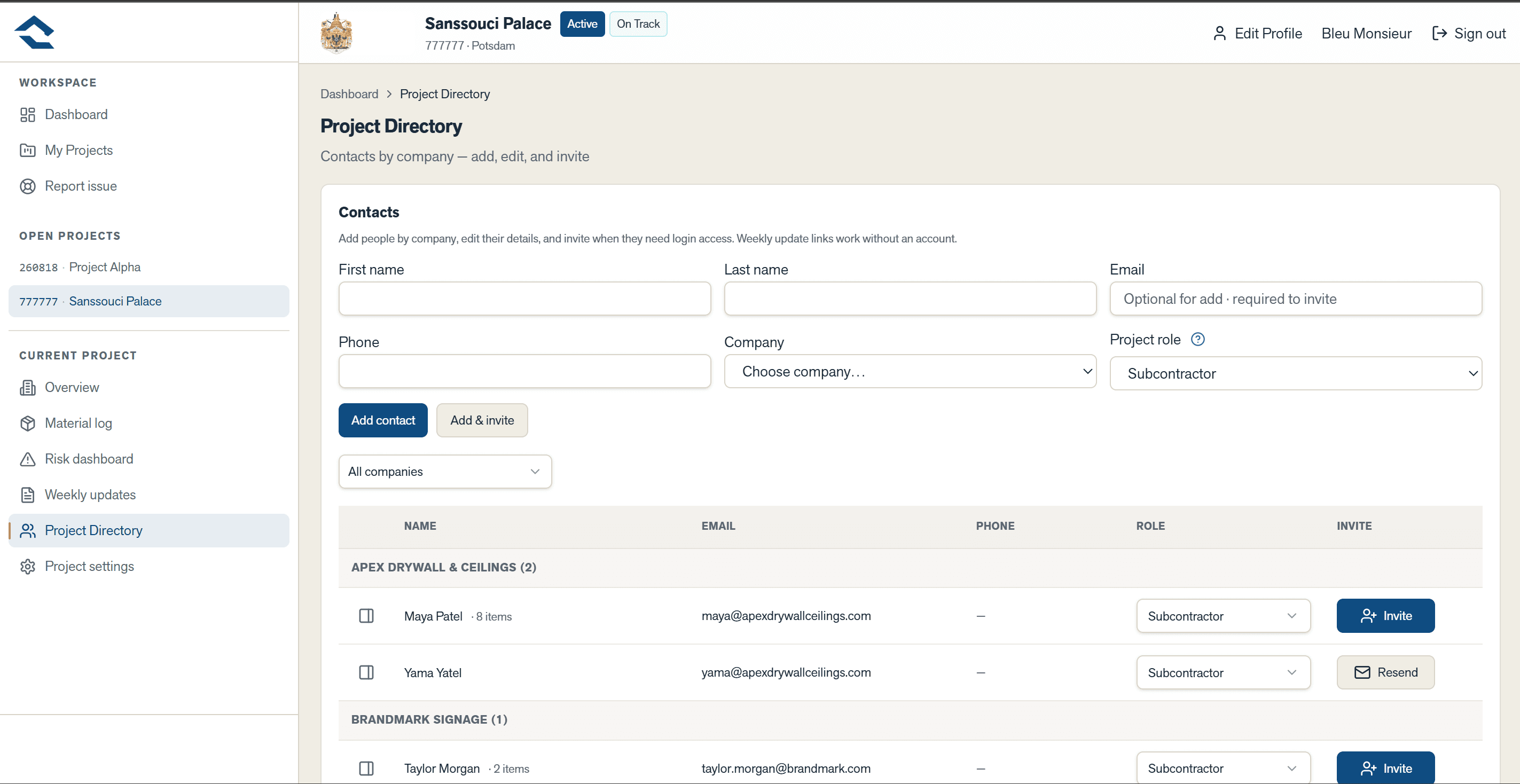 Project Directory contacts and invites in STORK