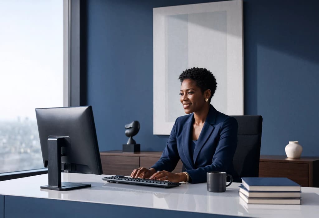 Professional working at a desk on a computer in a modern office