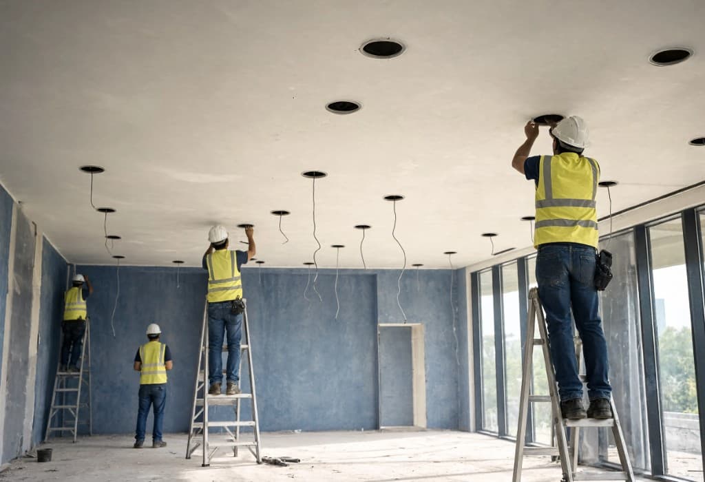 Electricians installing ceiling fixtures on a construction site